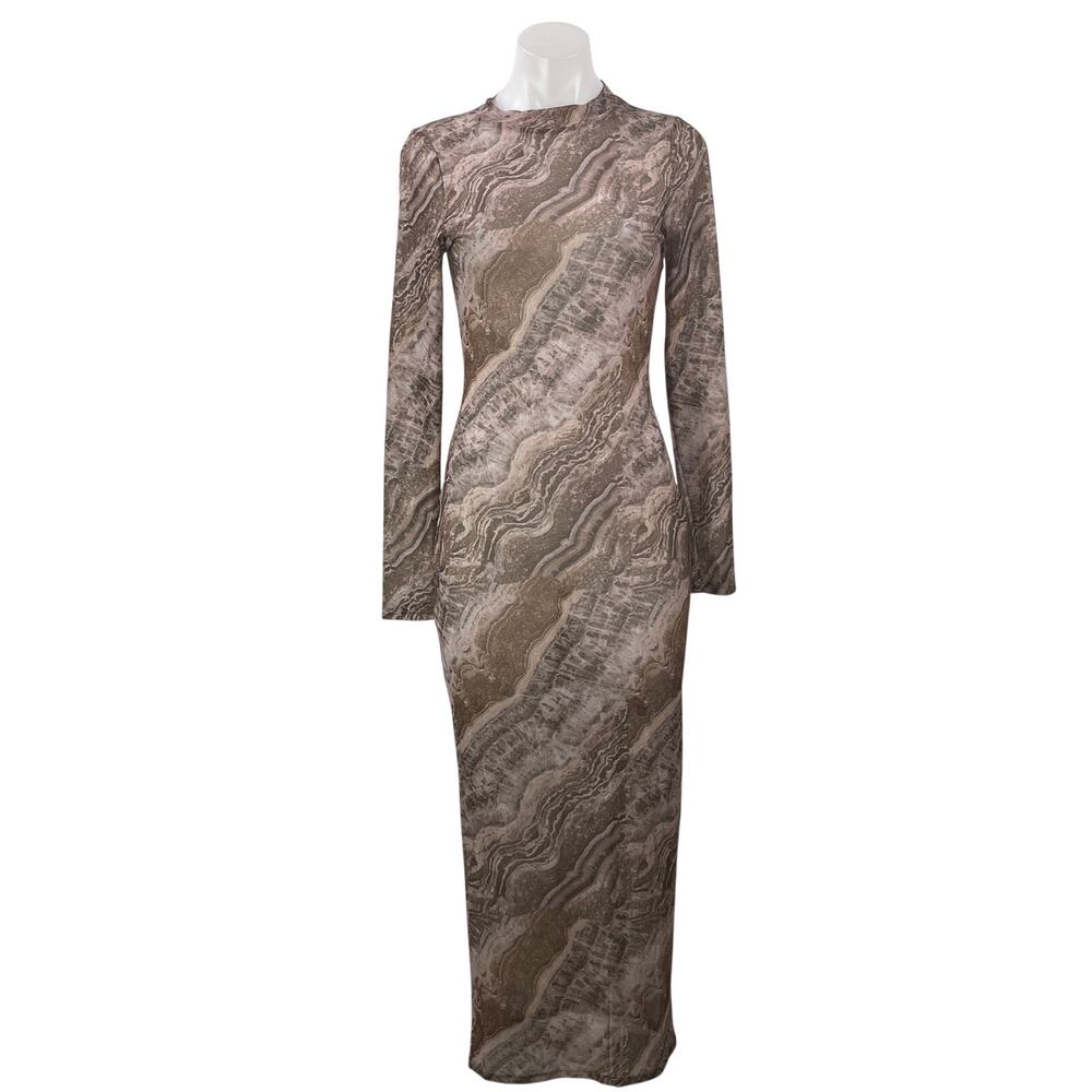 Jluxlabel Women's Beige Printed Long Sleeve Mock Neck T Shirt Maxi Dress Size M